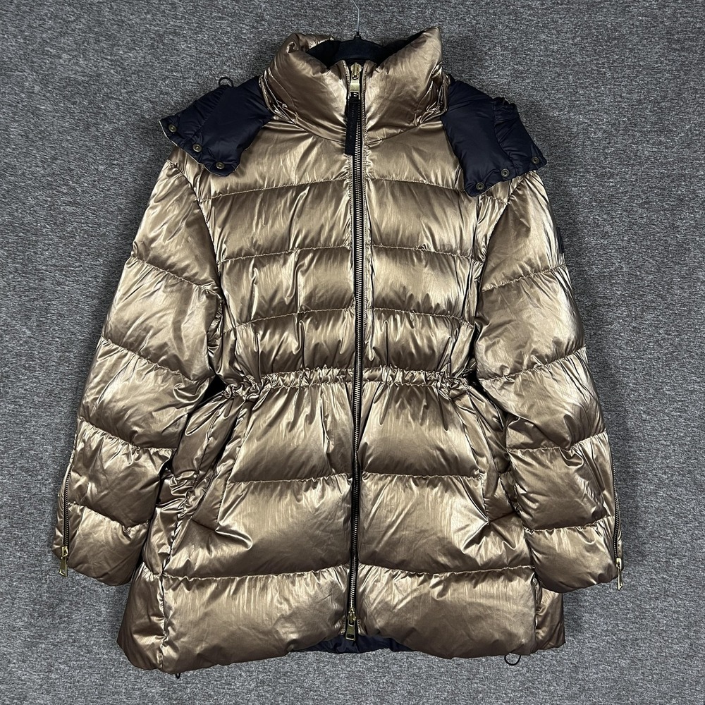 Athleta Alicia Keys Down Puffer Coat Womens Medium Gold Hooded Quilted Shiny